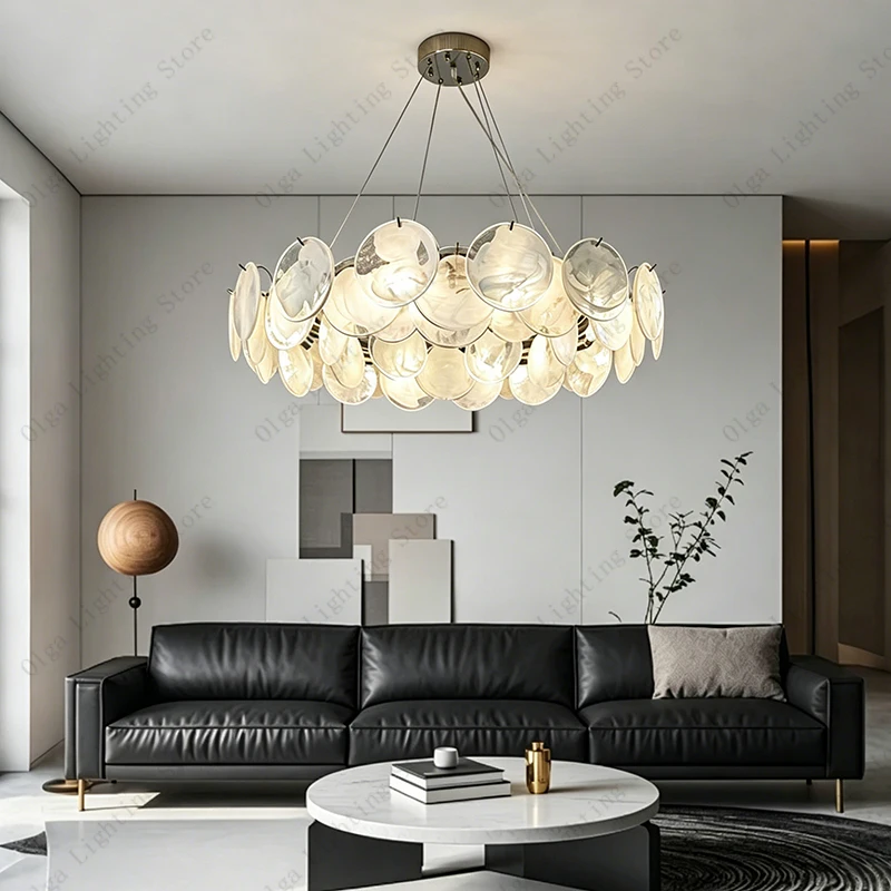 Modern Round White Glass Chandelier Adjustable Cable Pendant Light Luxury Living Room Dining Table E14 Home Decor Lamps