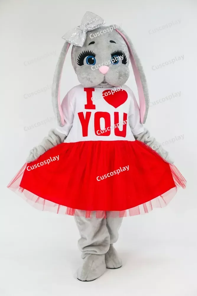 

Red Dress Love Grey Rabbit Mascot Costume Character Amusement Parkfunfair Animation Fancy Dress Halloween Party