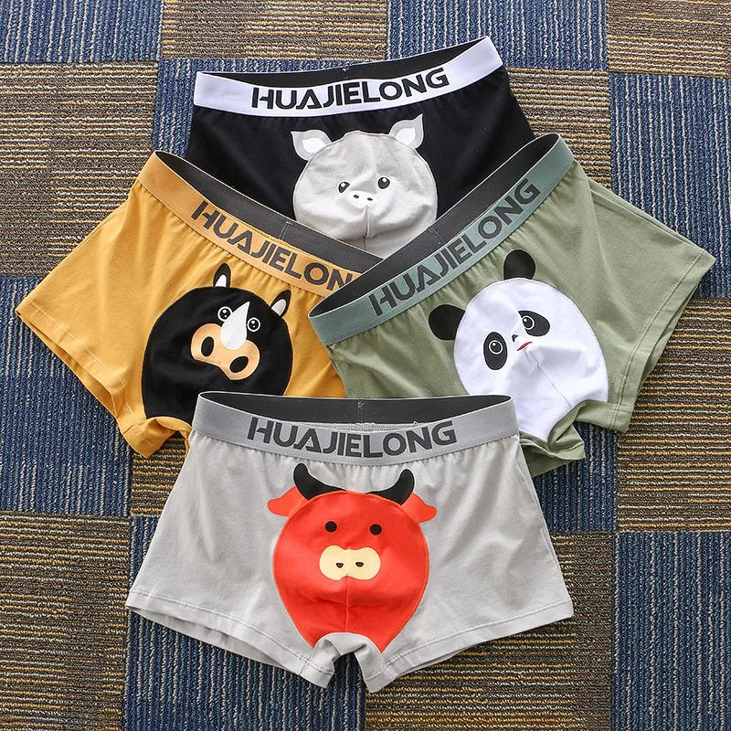 Men's Flat Corner Cotton Cartoon Panties Middle Waist Large Size New Four Corners Pants Sports Breathable Fashion Trend Boxers