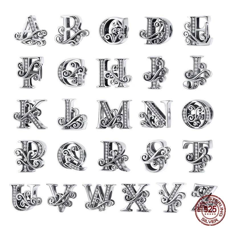 New 925 Sterling Silver Vine zircon name letter Charm of ley 925 Chain Beaded Fit Original Pandora Bracelet DIY Ladies Jewelry