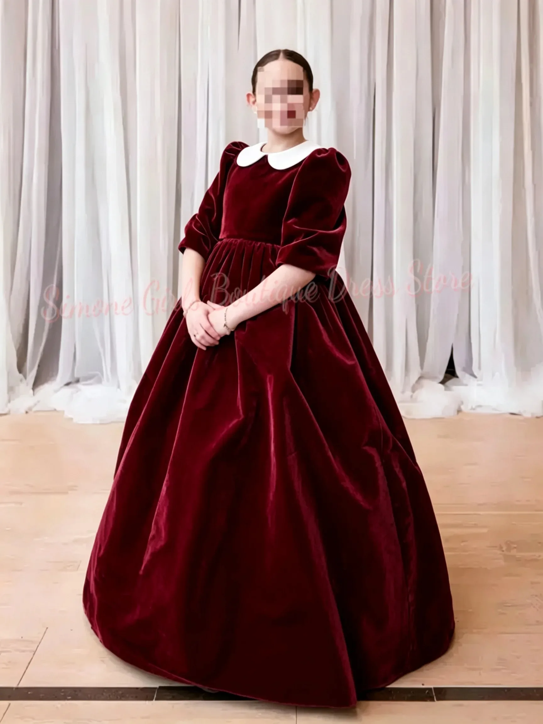 Maßgeschneidertes Großhandels-Mädchenkleid aus Samt, Blumenmädchenkleid für Hochzeiten, Kinderkleid mit hoher Taille und Ballonärmeln, Kommunion- und Festkleid – Detail 5