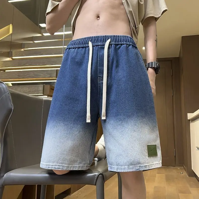Washed Gradient Pattern Shorts Men's Vintage Hip Hop Straight-leg Pants High Street Loose Elastic Waist Wear-resistant Shorts