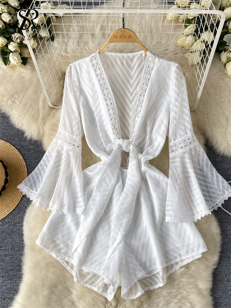 SINGREINY Women American Senior Mesh Jumpsuits 2024 Newest Flared Sleeves Lace up Loose Sheer Summer Chic Streetwear playsuit