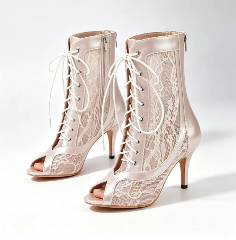 Women Champagne PU Mesh Latin Dance Ankle Boots Girls Salsa Tango Ballroom Dance Shoes Suede Sole Sneaker Party Dancing Footwear