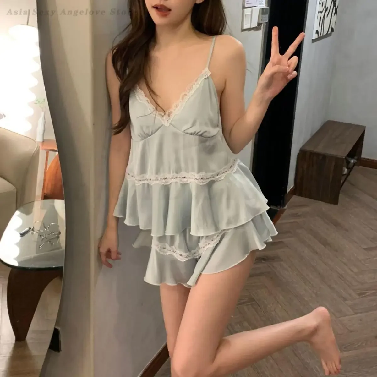 

Summer Strap Top&Shorts Pyjamas Sexy V-Neck Sleepwear Women Satin Pajamas Set Homewear Female Loose Casual Loungewear Nightwear