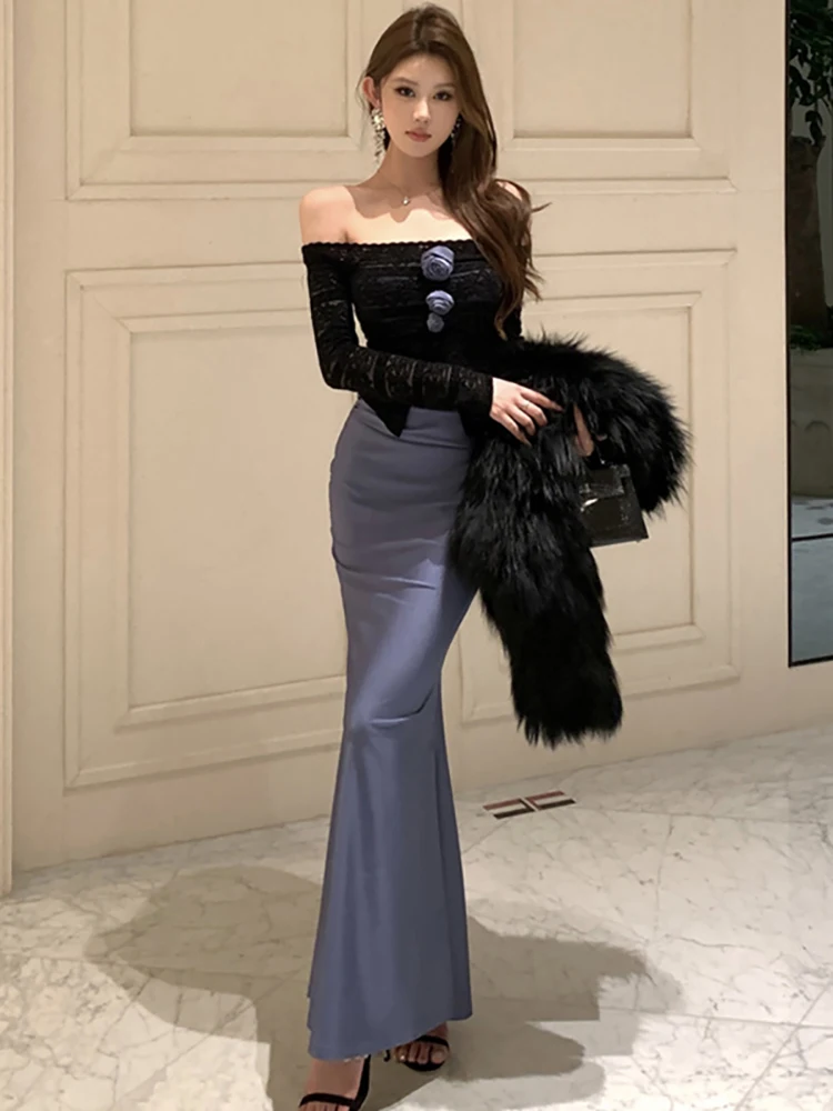 2025 bleu Patchwork noir dentelle Slash cou Sexy longue robe femmes élégant faux deux pièces robe automne hiver coréen robe moulante
