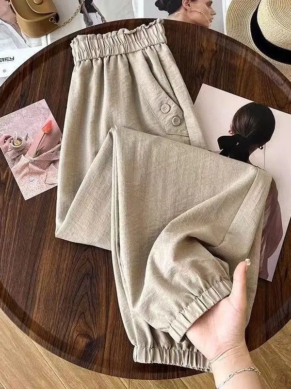 

Ice Silk Quick Dry Nine-Foot Pants Women Summer Thin Elastic Waist Slimming Casual Trousers Harlan Loose Fit High Waist