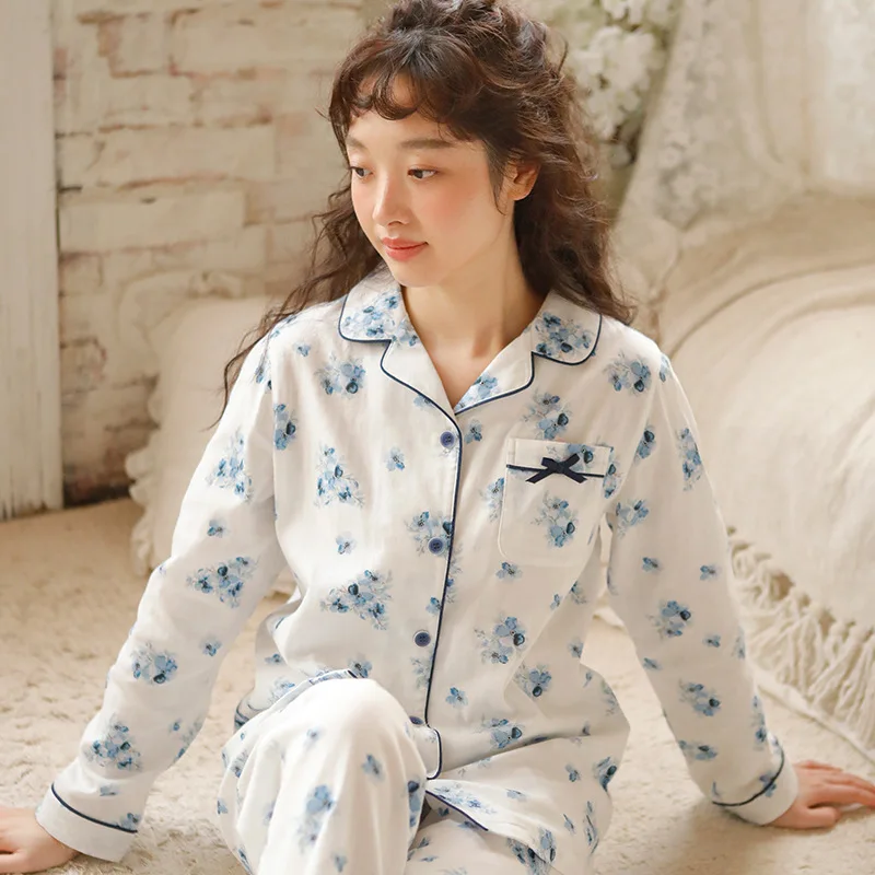 All Cotton Long Sleeved Pants Set, Spring New Double Layered Yarn, Japanese Sweet And Fresh Women's Pajamas, Home Clothes Female