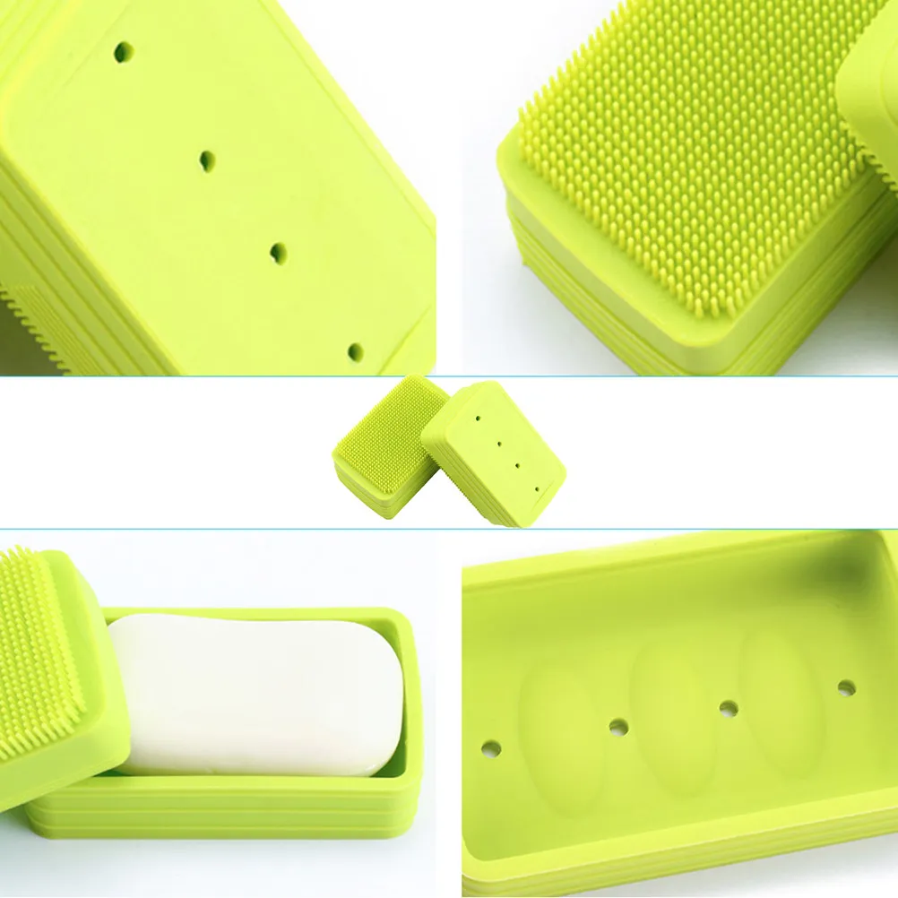 Silicone Soap Box with Lid and Built In Bath Brush Green Exfoliating Body Scrubber for Callus Dead Skin 1 Set