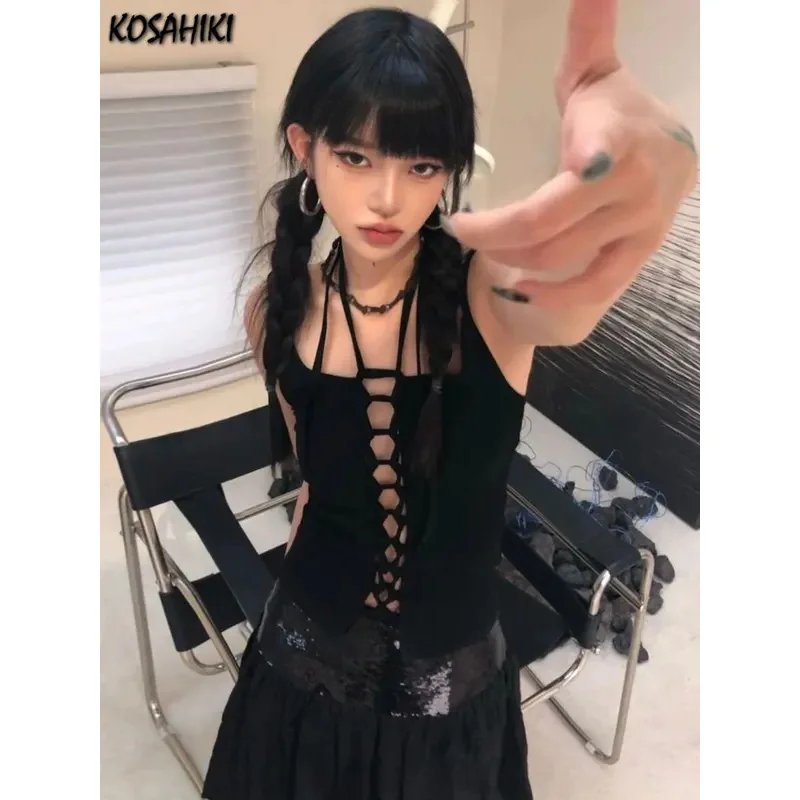 

Укороченная майка без рукавов Harajuku, винтажная эстетичная сексуальная повязка Y2k, ажурный жилет с лямкой на шее, летняя майка, футболки феи в стиле гранж