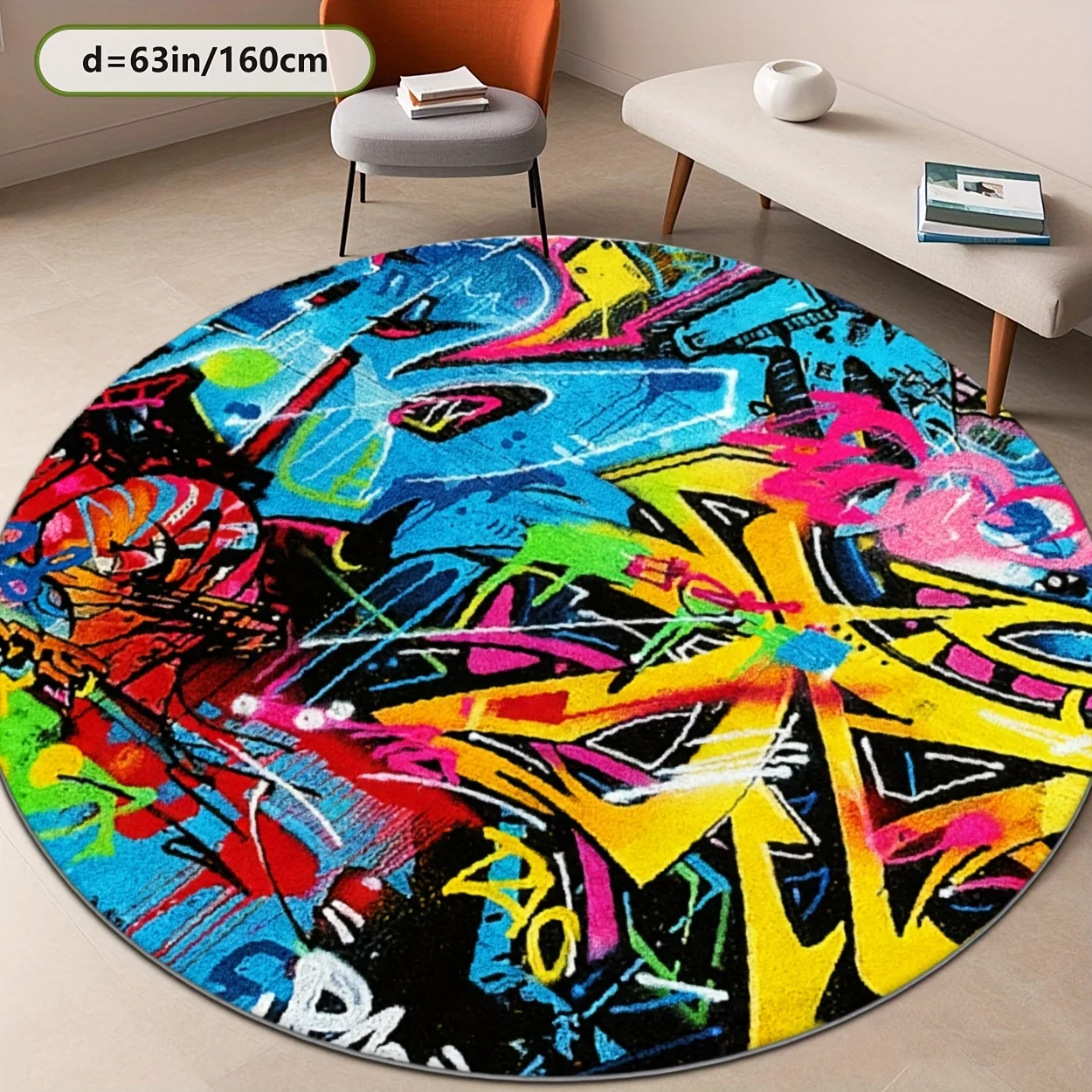 Hip-Hop Street Graffiti Kunst Bedruckter Runder Teppich, Moderner Cooler Urbaner Stil Rutschfester Teppich für Eingangsbereich Lounge Schlafzimmer Bodendekoration