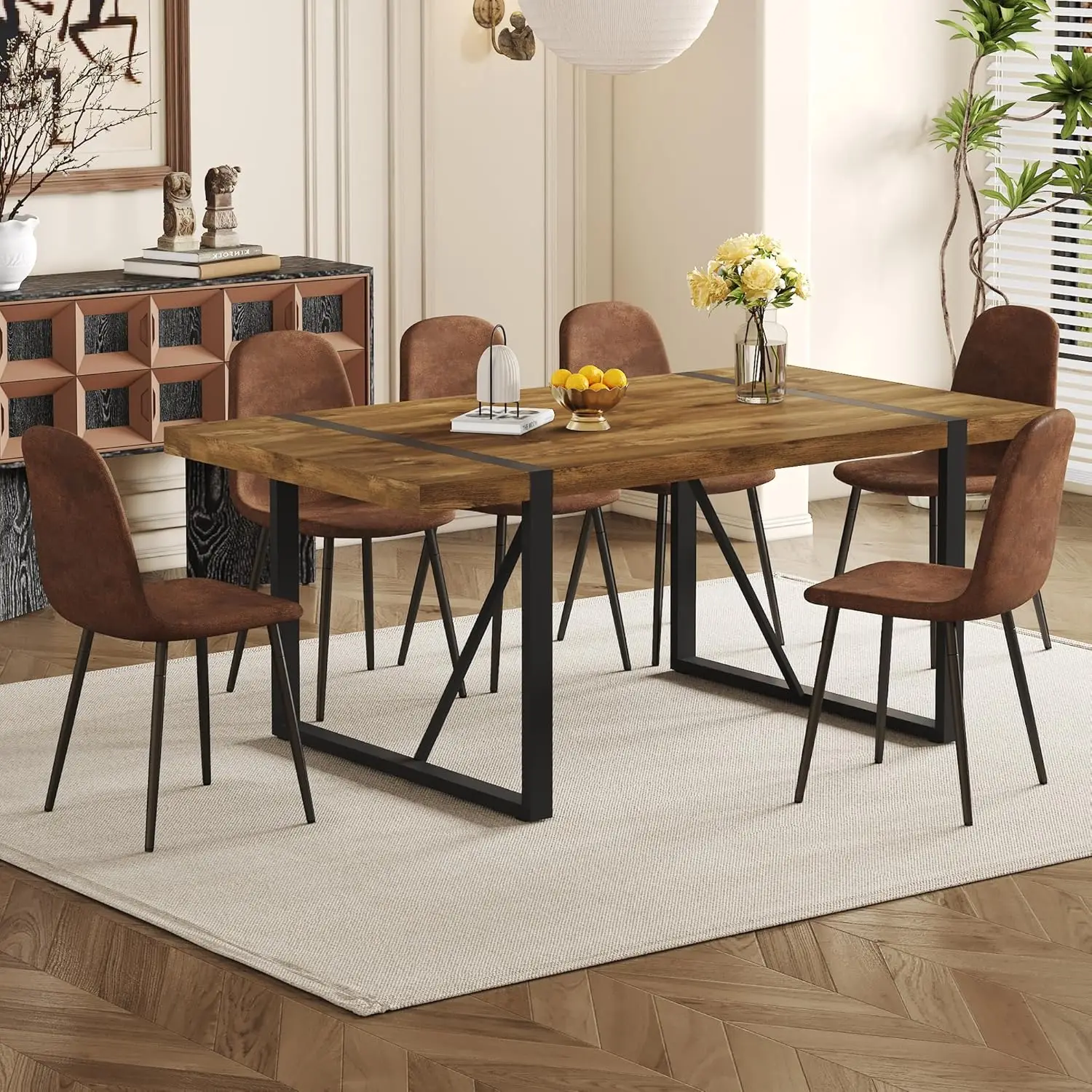 

7 Piece Dining Table Set，Dinner Table Set for 6，71'' Dark Wood Kitchen Table and Suede Nap Fabic Chairs Set of 6，6 Chair Dining