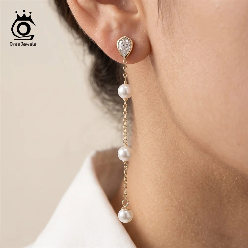 ORSA JEWELS Vintage Linear Pearl Tassel Earrings 925 Sterling Silver Delicate Long Chain Dangles Ear Jewelry for Women PSE17