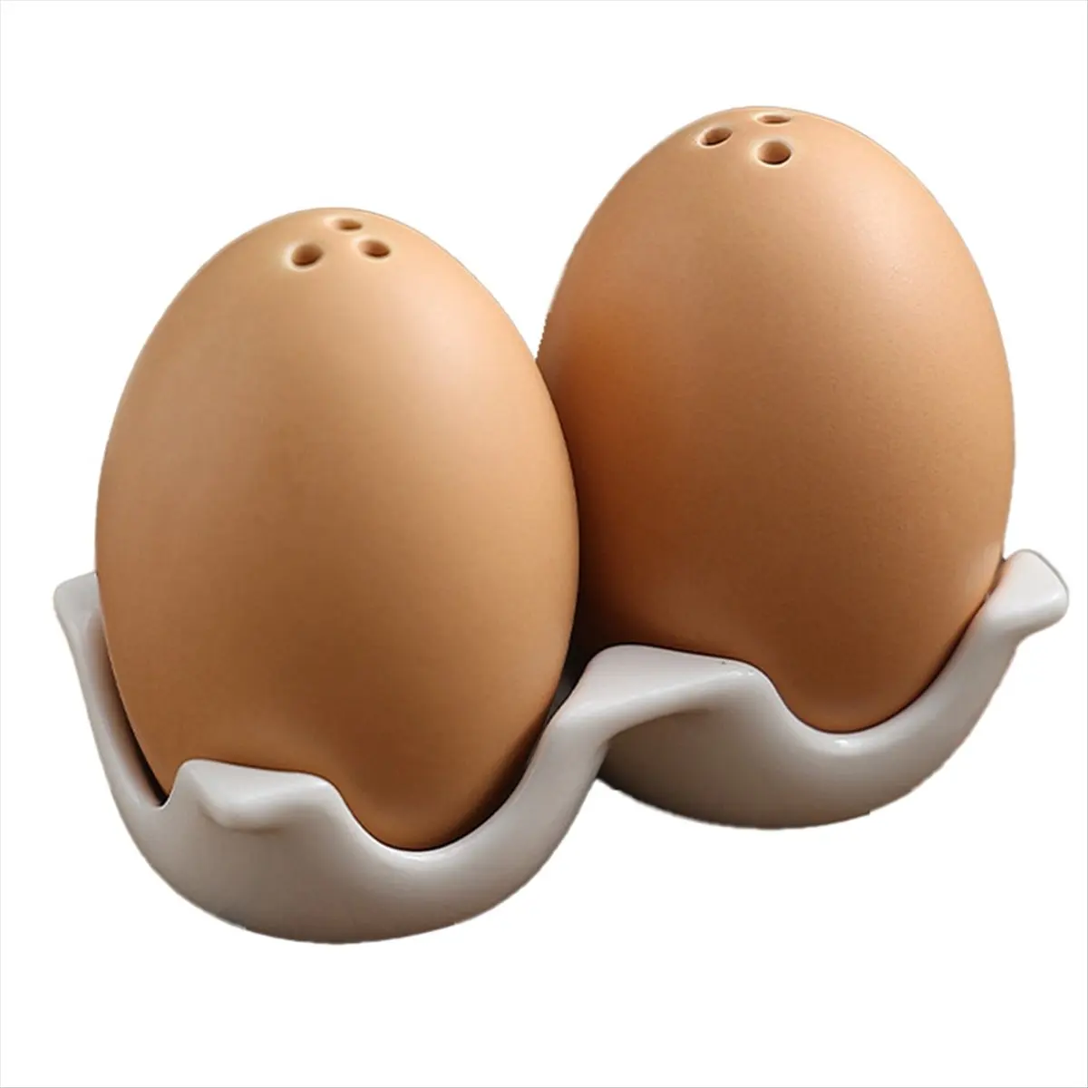 [new] Ceramic Salt and Pepper Shaker Set, Mini Brown Egg Shaped Shakers with Carton Design Holding Stand