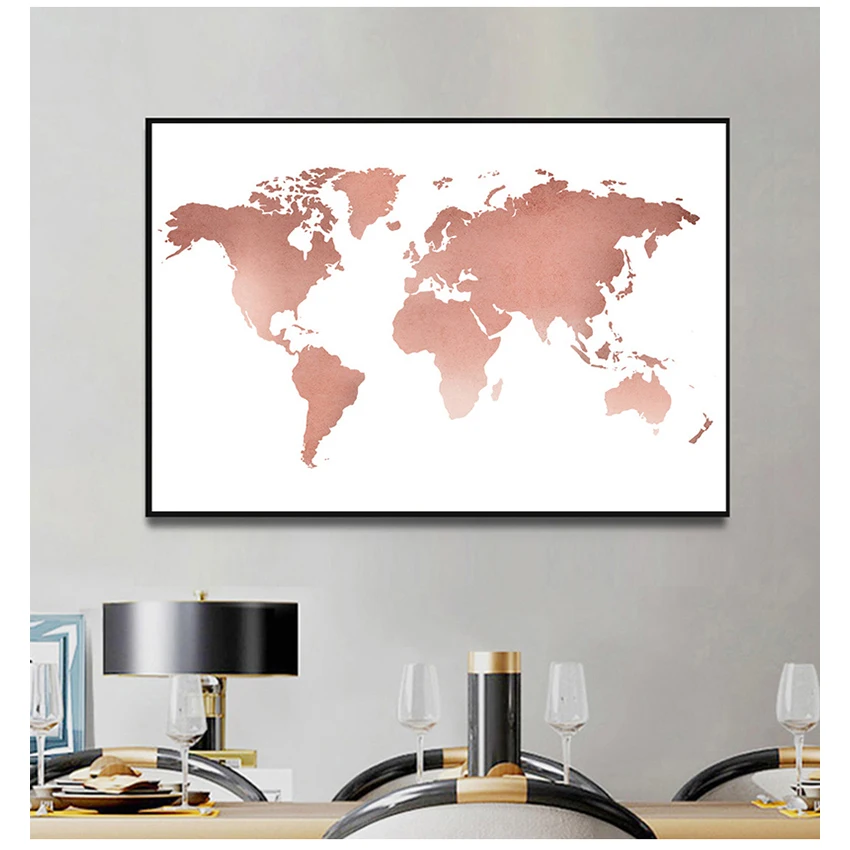 Painting for Living Room Home Wall Art Picture Rose Gold World Map Print Office Decor , Minimalism World Map Poster Canvas