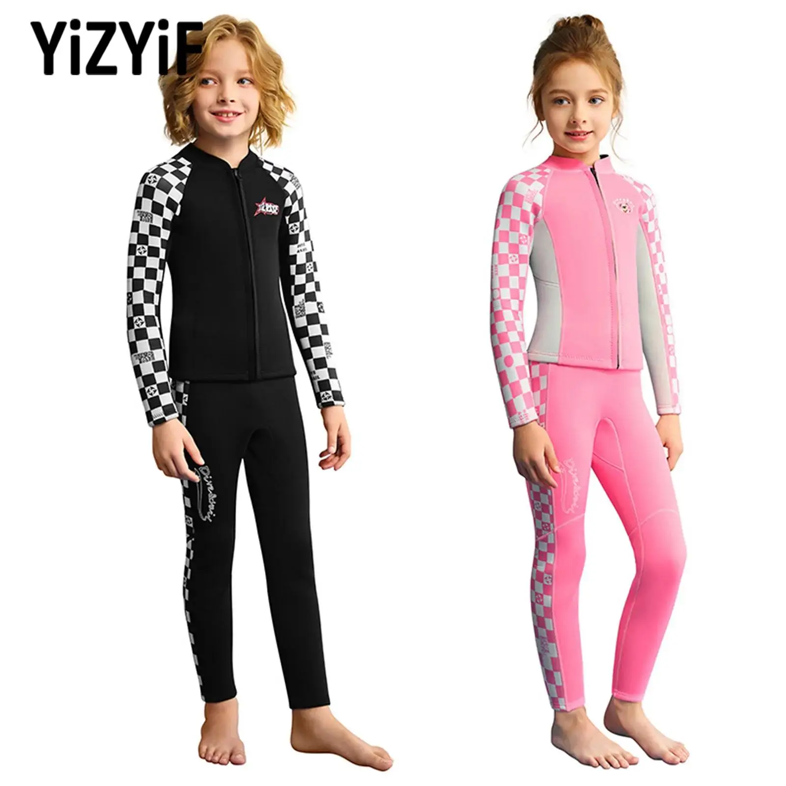 

Kids 2 Pieces 2.5mm Neoprene Wetsuit Thermal Long Sleeve Zip Up Top Jacket and Long Pant Color Block Surfing Snorkeling Water
