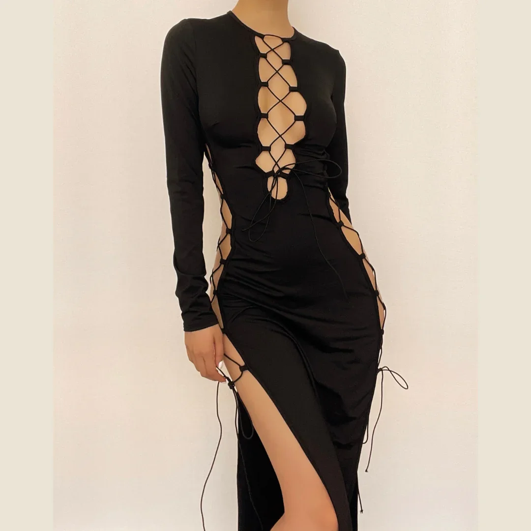 Mirlande New Women Fashion Solid Color Round Neck Long Sleeve Dress Cross Tie-Up Cutout High Split Party Maxi Dress Streetwear