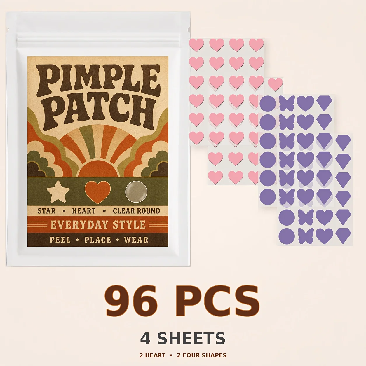 96PCS Hydrocolloid Pimple Patches, Thin Face Stickers, 4 Shapes Invisible Facial Patches, Daily Makeup & Skin Care Accessories