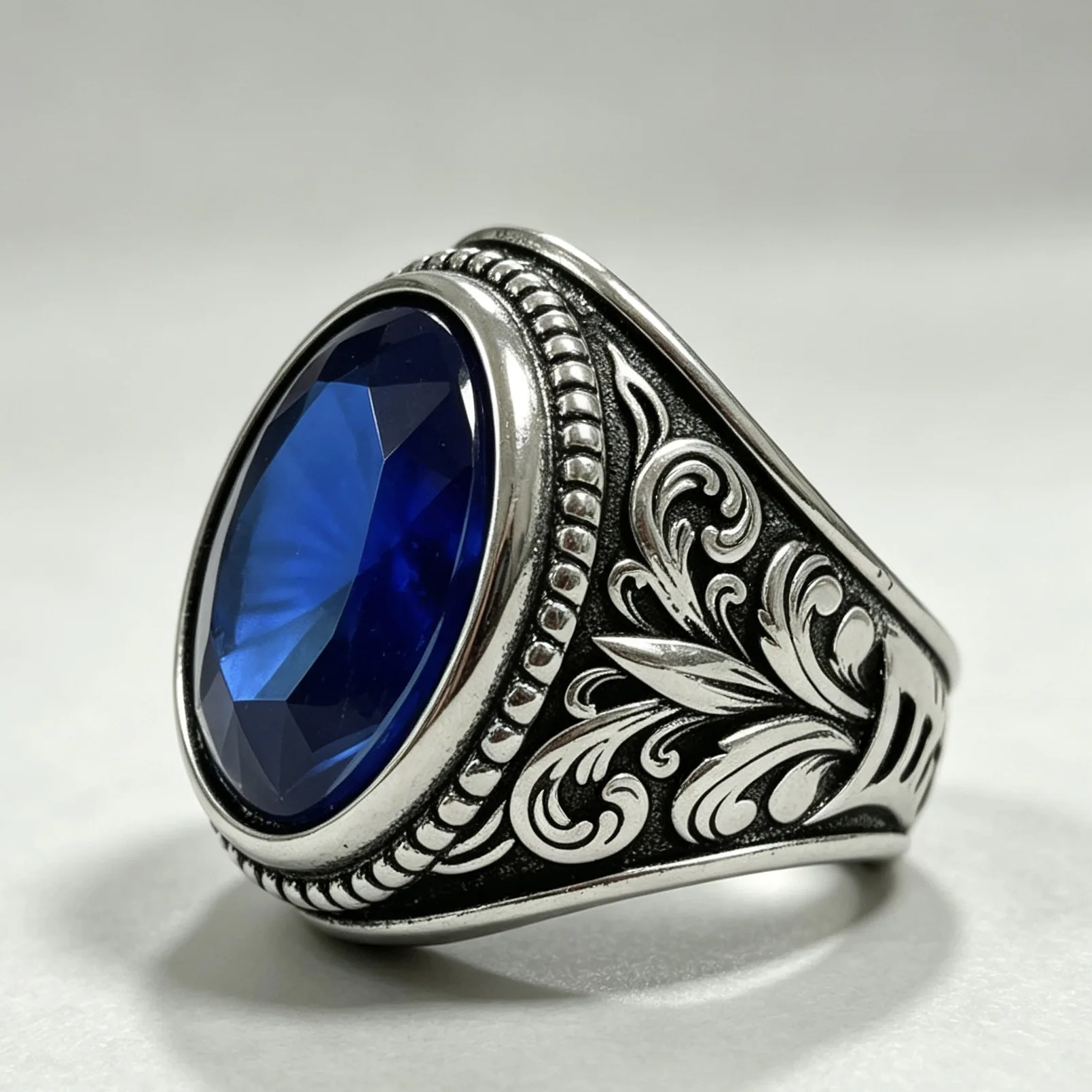 Vintage Large Oval Sapphire Signet Ring for Men, Fashion Carved Filigree Gothic Bold Statement Jewelry Gift for Birthday Party