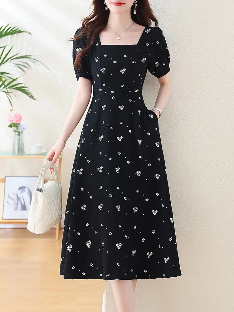 2024 Black Floral Chiffon Suqare Collar Long Dress Women Korean Vintage Hepburn Prom Clothes Summer Short Sleeve Elegant Dresses