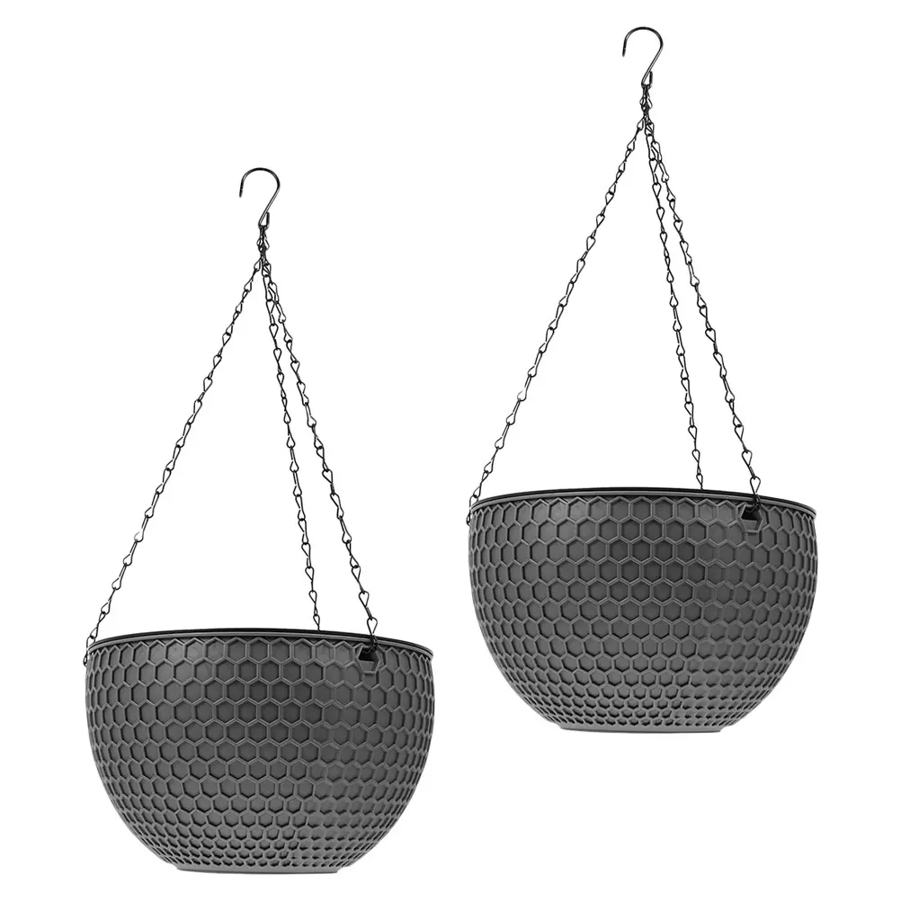 

2pcs Hanging Basket Flower Pot Plastic Dark Grey Hooked Small Garden Planter Wall Mounted Plant Basket