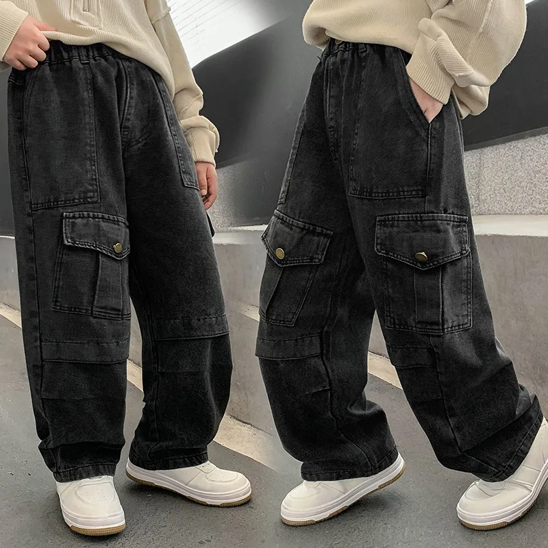 Boy Cargo Jeans Pants Children Spring Fall Multi-pocket Retro Loose Wide-leg Pants Kids Street Trousers Teen Trend Denim JY01173