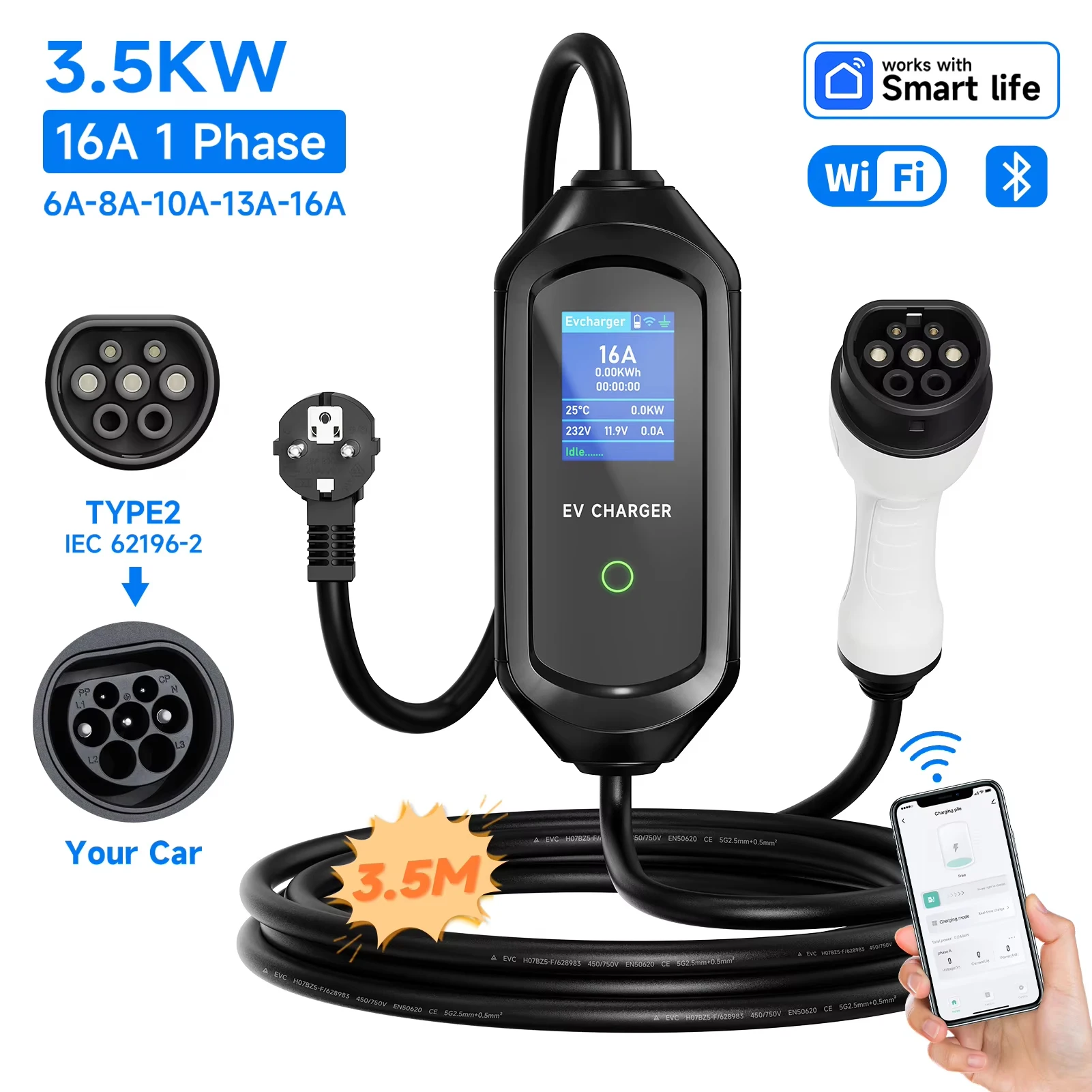 AFEEV 3.5/7KW Draagbare EV-oplader Type2 IEC62196-2 Elektrische autolader 16A EVSE Snelle oplaadkabel WiFi APP Bluetooth-bediening