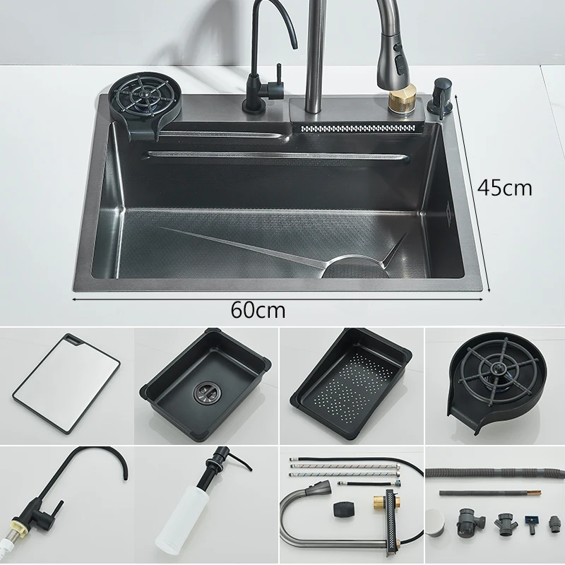 304 roestvrijstalen waterval aanrecht grote enkele sleuf geïntegreerde 60X45cm kraanset zeepdispenser / zuiver water / bekerwasmachine