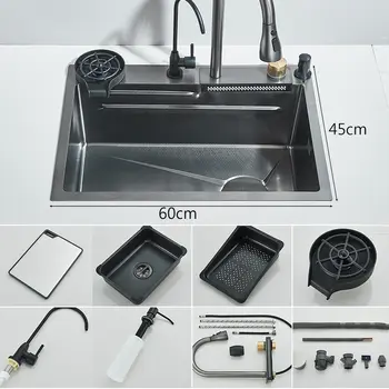 304不鏽鋼瀑布式廚房水槽,大單槽一體成型60X45公分水龍頭套裝,附皂液器/淨水器/杯墊 8 最佳銷售 廚房水槽瀑布 - №5