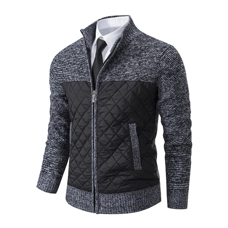 Autumn Winter Men\'s Sweatercoat Patchwork Cardigan Fashion Stand Collar Sweater Jackets Men Slim Cardigan Knitted Outerwear Man