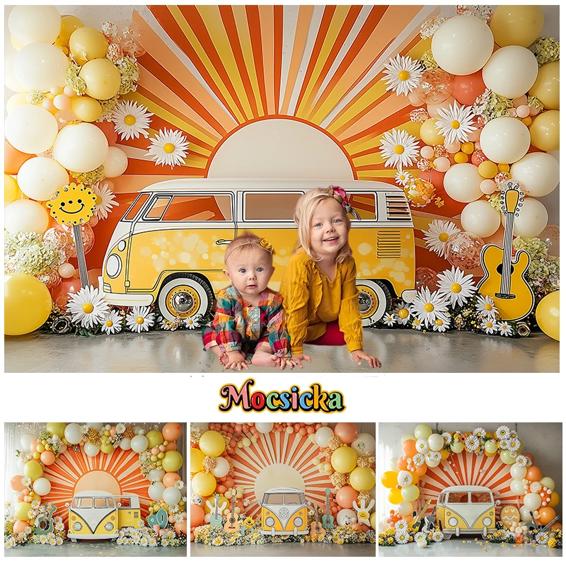 Mocsicka Photography Background Groovy Retro Hippie Boho Girl Birthday Party Daisy Groovy Balloons Decor Backdrop Photo Studio