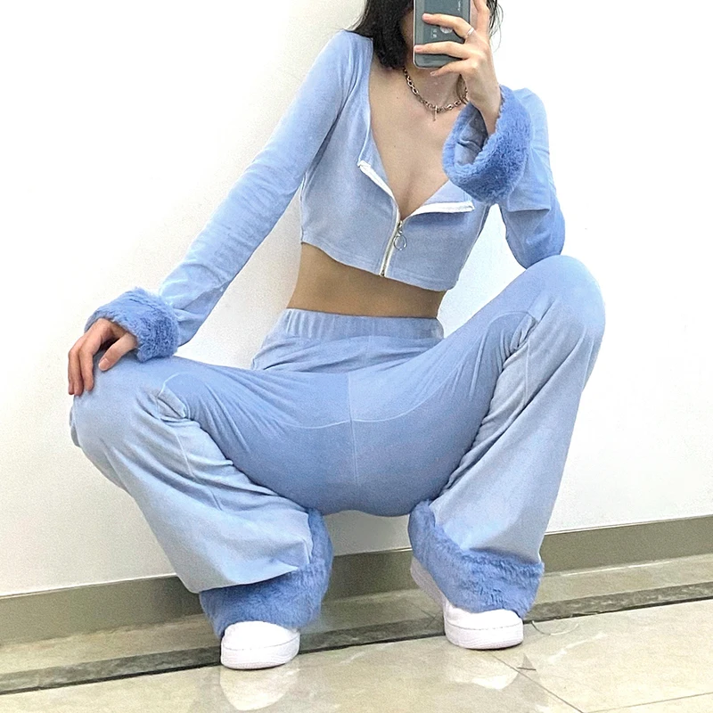 

Casual Basic Blue Furry Short 2024 Top T-shirt Women's Combination Cardigan Long Sleeve Velvet New Casual Pants Set