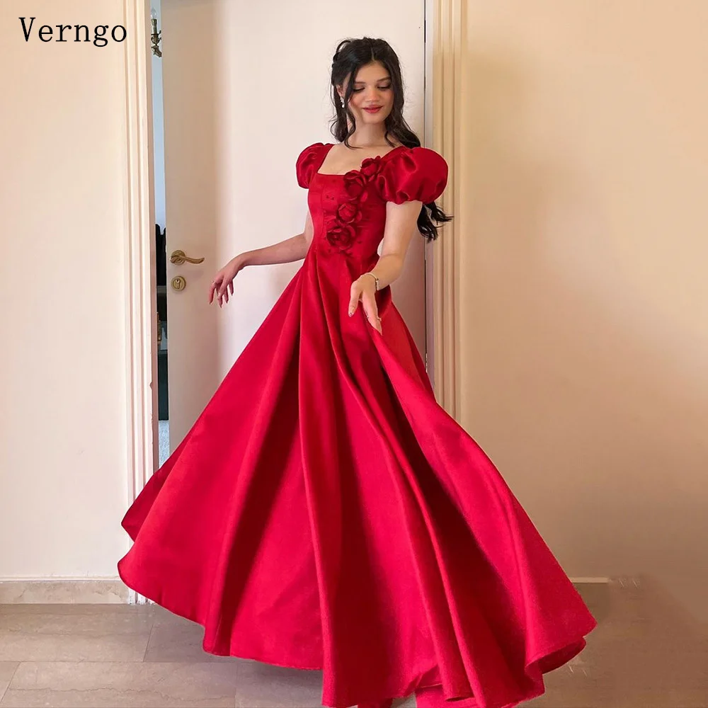 

Verngo Red Satin Evening Dress Puff Short Sleeves A Line Prom Gowns For Women Backless Zipper 3D Flowers Prom Party Dress