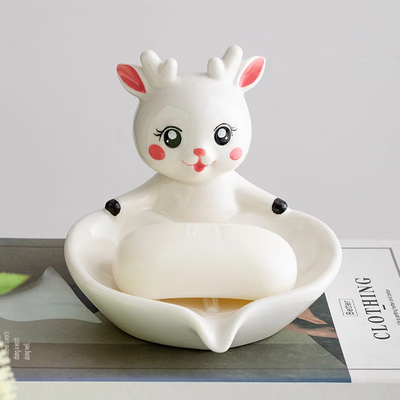 3D Cute Deer Ceramic Drainable SoapDish,Soap Holder Tray for BathroomB&B Hotel Kawaii Minimalist WashTable Storage DecorOrnament