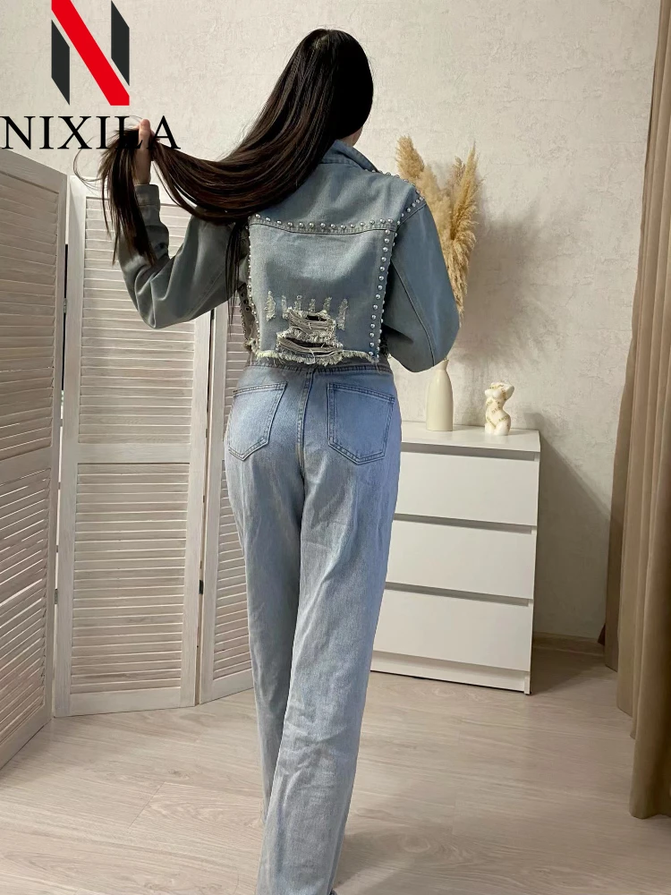 New in Spring Summer Womens Denim Jacket 2024 Heavy Industry Rivet Studded Jean Coats Women Worn Nail Bead Jean Long Sleeved Top