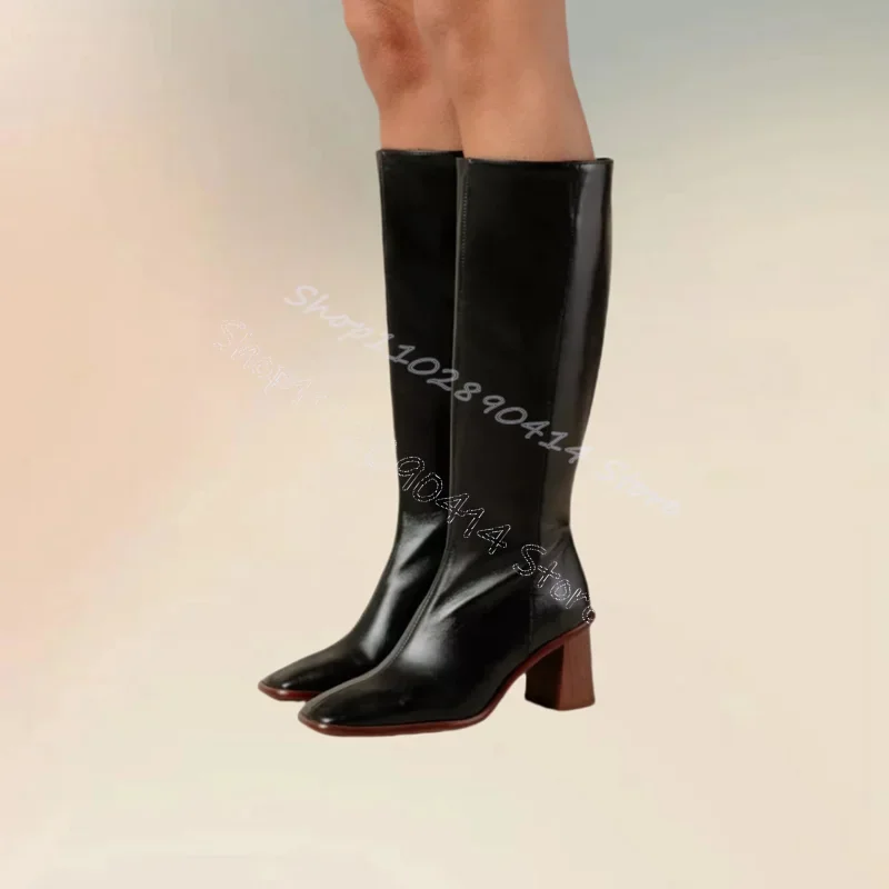 

Black Square Toe Matte Leather Knee High Boots Side Zipper Women Shoes Chunky High Heels Fashion Party 2024 Zapatos Para Mujere