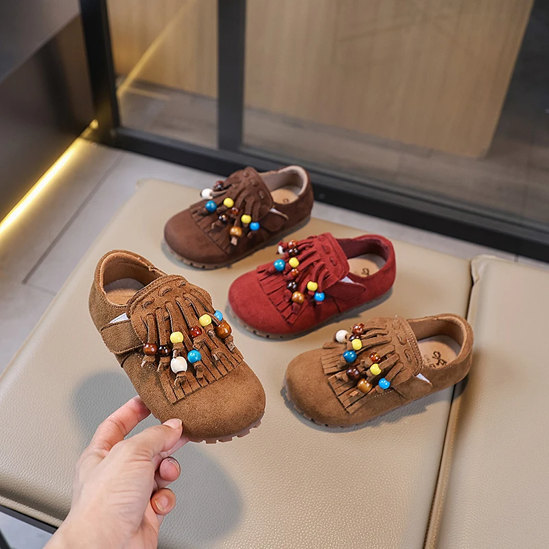 

Children's New Fashion Girls Retro Dress Shoes Trend Tassel Causal Leather Shoes Soft Bottom Princess Kids Beading Flat Shoes