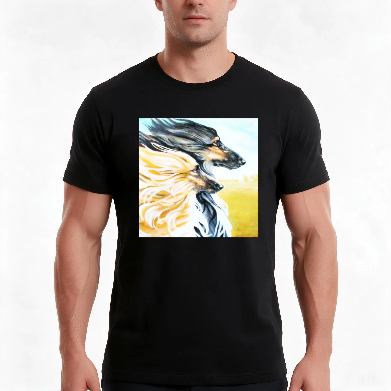 Windswept Afghan Hounds. T-Shirt, Summer Casual Cotton Tee, Oversized Streetwear Tops, Vintage Graphic Print, Unisex Men Women