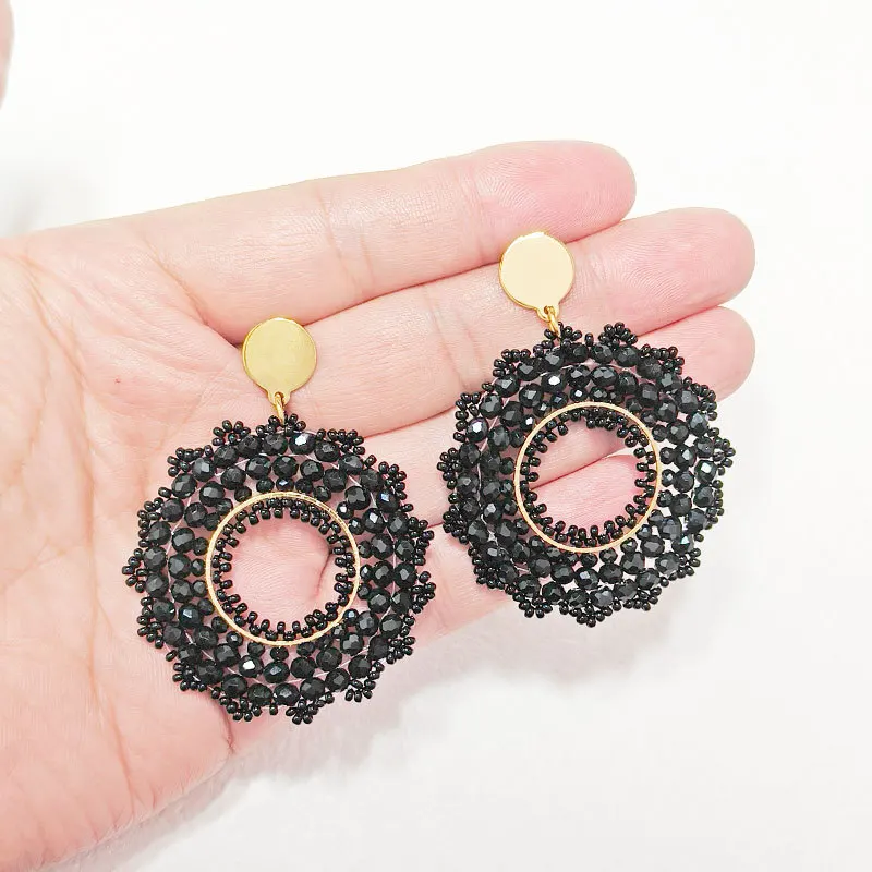 Beaded earrings Roundness Black. Hollow out Crystal Sunflower Originality Hand knitting Bohemia Tide Simple Rice bead earrings