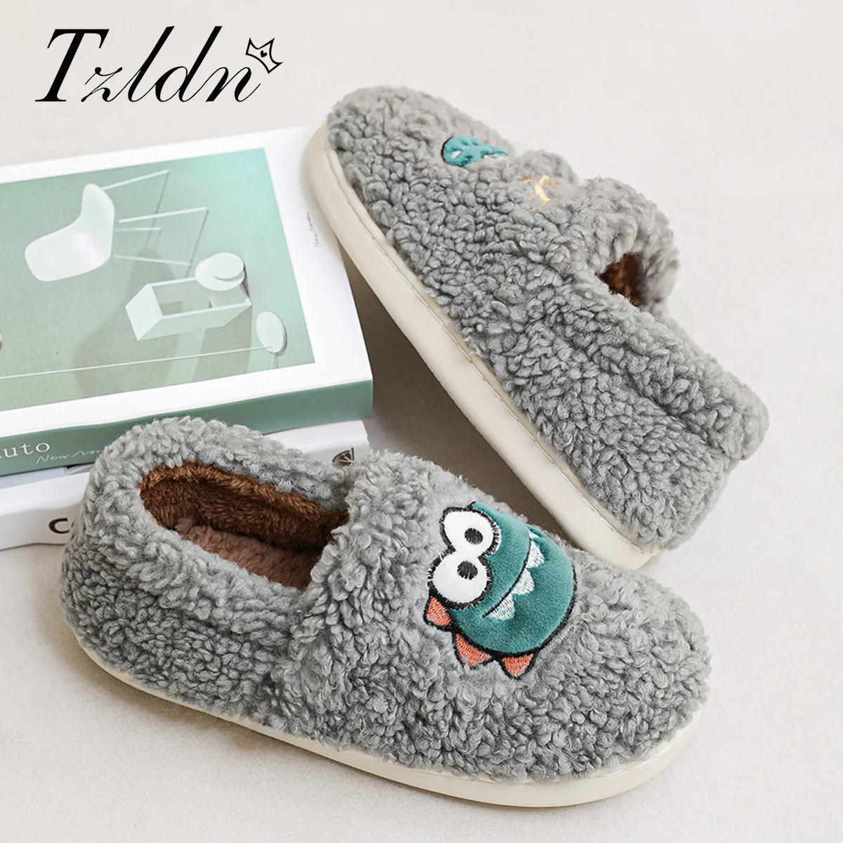 TZLDN Womens Mens House Fanshion Dinosaur Slippers Slip on Snow Winter Warm Fully Fur Lined Slippers Indoor Outdoor Shoes
