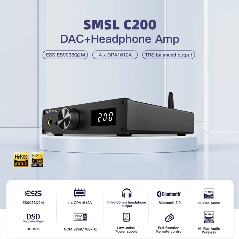 SMSL C200 Hi-Res Audio Decoder USB DAC Headphone Amp ES9038Q2M OPA1612A*4 chips Bluetooth 5.0 TRS 4.4/6.35mm Output  for PS4 PS5