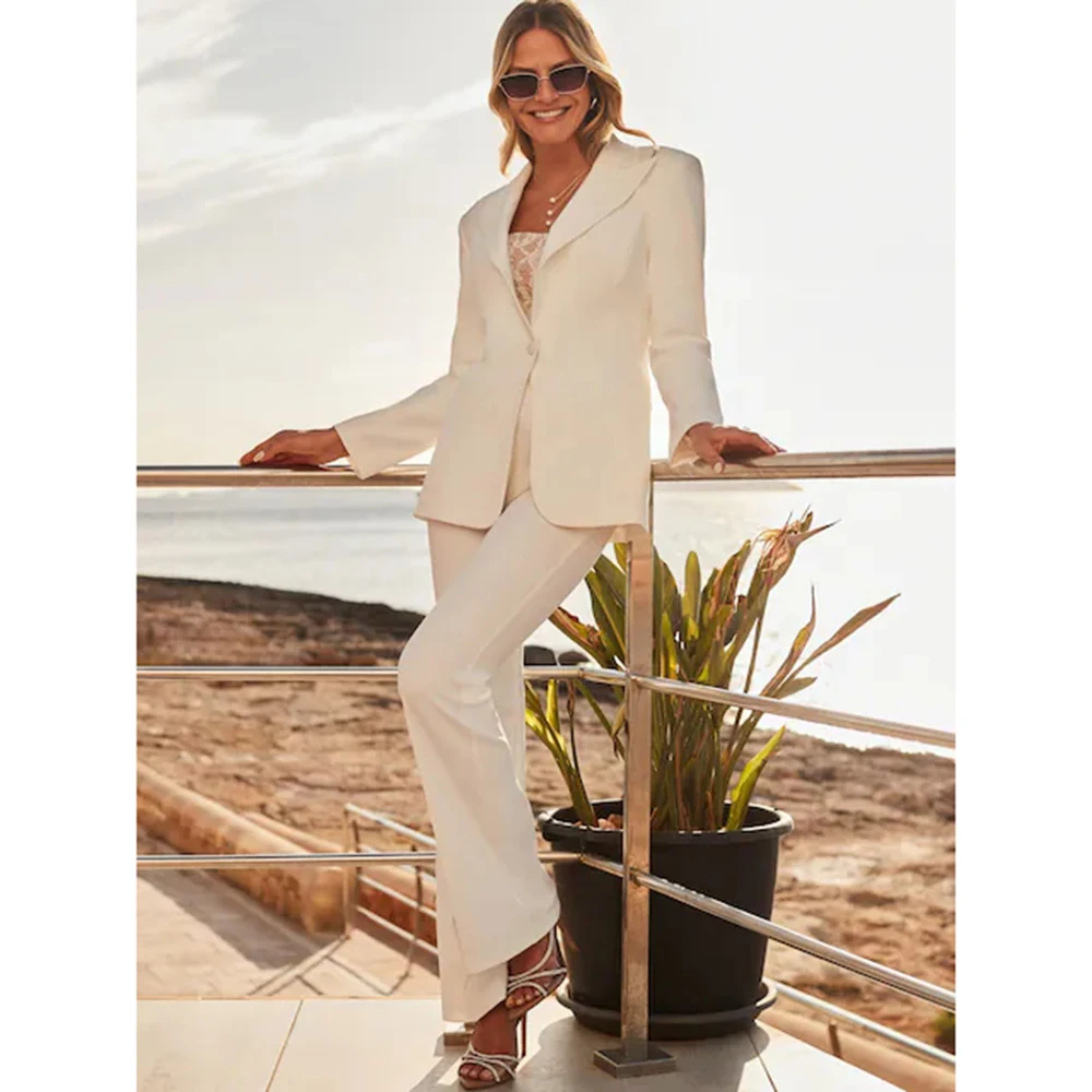 우아한 화이트 투피스 정장 세트 (여성용) 원버튼 피크 라펠 재킷 플레어 팬츠 세트 오피스 연회 웨딩 여성 의류