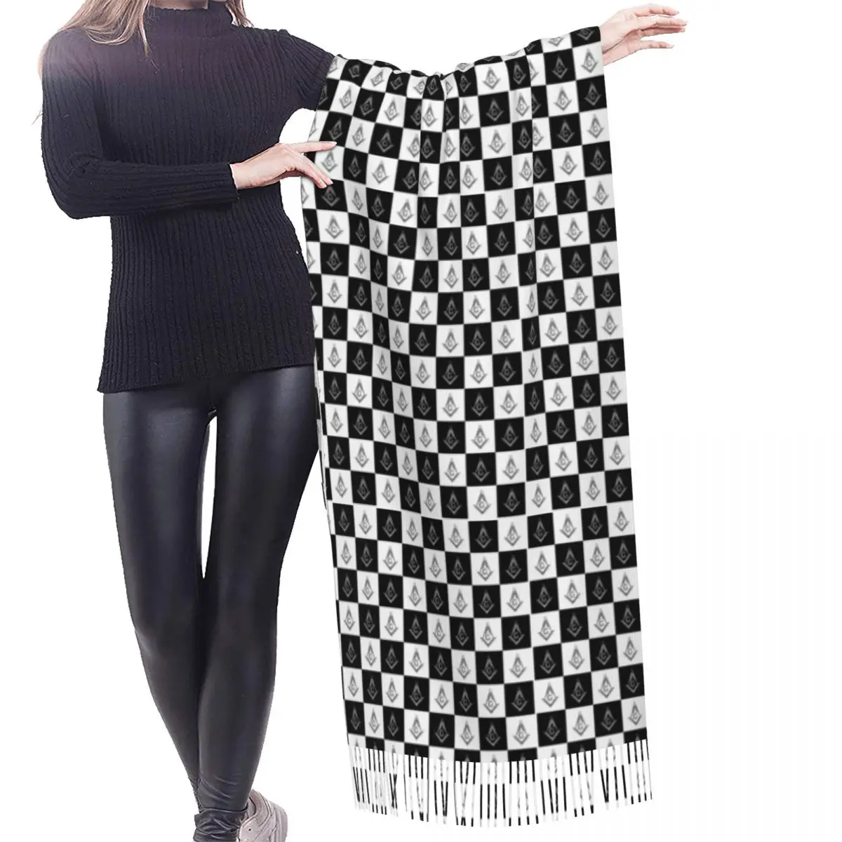 Freemason Checkered Black And White Pattern Tassel Scarf Soft Masonic Mason Shawl Wrap Female Winter Fashion Versatile Scarves