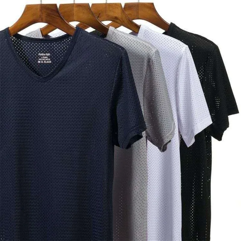 

2024 Ice Silk Short Sleeved T-shirt for Men's Summer Thin Mesh Breathable Loose Half Sleeved T-shirt 반팔티