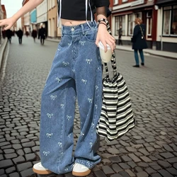 School Girl Jeans Bow Print Teen Children Wide-leg Pants 2026 Spring Elastic Waist Fashion Casual Loose Daily Straight Trousers