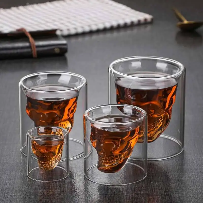 2 Pcs Double Wall Creative Bar Skull Whiskey Liquor Beer Glass Halloween Shot Glasses Teacup Juice Mug Drinking Club Wine Cup