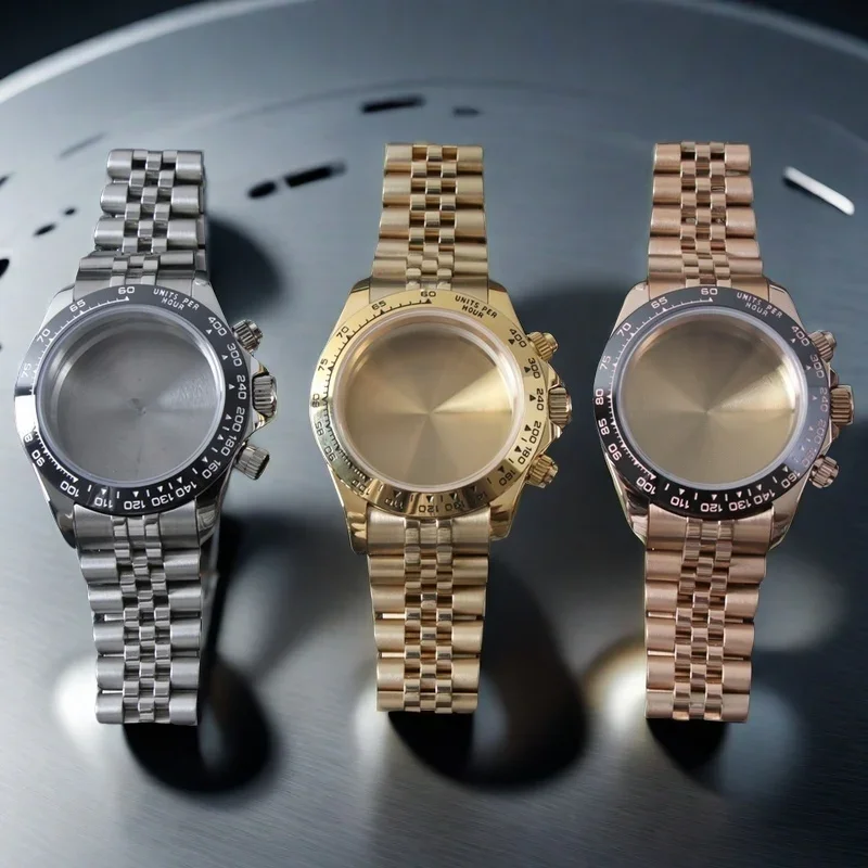 

Seiko Mod VK63 Watch Case Sapphire Glass Ceramic Bezel Rose Gold Daytona Case Men's Replacement Accessories with Jubileee Band