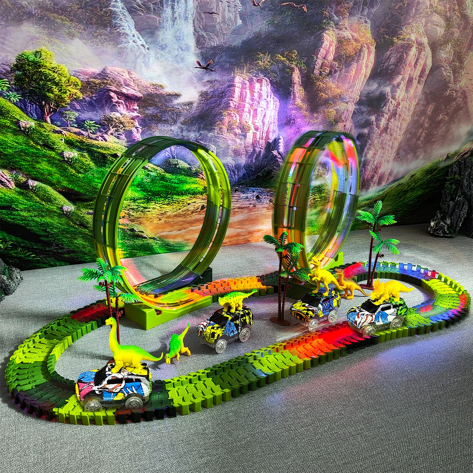 Climbing Dinosaur Track Toy Set 139 PCS Dinosaur World Road Race-Flexible Track Playset Dinosaur Car Toys for boy Best Gift