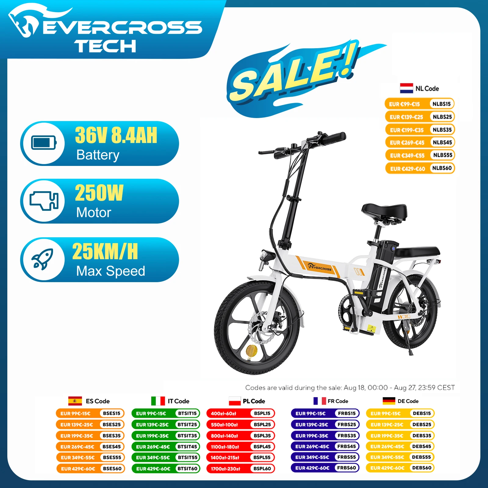 EVERCROSS TECH EK5 Bicicletta Elettrica，E-Bike da 250W per Adulti, Bicicletta Elettrica Pieghevole da 20-45Km, 15/20/25 KM/H, Ruote da 16''