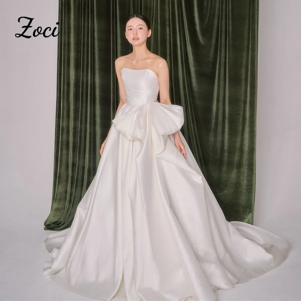 

Zoci Luxury Strapless Satin Wedding Dresses Big Bow Corset A Line Korea PhotoShoot Bride Gown Customized